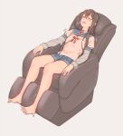  1girl bangs bare_legs barefoot black_hair blush breasts breath closed_eyes commentary_request full_body glasses hairband heavy_breathing highres kantai_collection legs long_hair long_sleeves lying massage_chair ooyodo_(kancolle) open_mouth puffy_sleeves semi-rimless_eyewear shaking simple_background small_breasts solo torogao under-rim_eyewear yuuji_(and) 