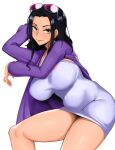  1girl aqua_eyes arm_behind_head breasts dress eyebrows eyewear_on_head highres jacket kevbot large_breasts looking_at_viewer navel nico_robin one_piece purple_jacket simple_background sitting solo spread_legs sunglasses thighs white_background white_dress 
