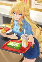  1girl absurdres alternate_costume apron blonde_hair blue_apron blue_eyes blue_shirt breasts closed_mouth collared_shirt commentary contemporary cup disposable_cup drinking_straw earrings employee_uniform english_commentary fast_food fast_food_uniform food french_fries genshin_impact hair_between_eyes highres holding holding_tray indoors jewelry large_breasts long_hair looking_at_viewer mcdonald&#039;s mihan77108047 name_tag navia_(genshin_impact) shirt sidelocks smile solo standing tray very_long_hair 