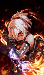  1girl absurdres black_background black_gloves envy_andromeda fire gloves goggles grey_hair grey_sleeves highres holding jacket looking_at_viewer open_mouth orange_eyes ponytail shirt short_hair sleeveless sleeveless_jacket soldier_11_(zenless_zone_zero) solo sword weapon white_hair zenless_zone_zero 