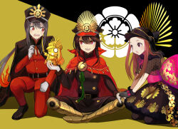  1boy 2girls :d :o armor armored_boots aunt_and_niece belt black_background black_belt black_cape black_footwear black_gloves black_hair black_hat black_pants black_pantyhose black_skirt boots bow brother_and_sister brown_eyes brown_hair butterfly_sitting buttons cape center-flap_bangs chacha_(fate) chain collared_cape crest double-breasted family_crest fate/grand_order fate_(series) fiery_hair full_body fur-trimmed_gloves fur-trimmed_skirt fur_trim gloves gold_chain hair_between_eyes hand_on_own_knee hand_up hat helmet high_collar holding holding_sword holding_weapon jacket japanese_armor kabuto_(helmet) katana kepi long_hair long_sleeves looking_at_another looking_at_object medallion military_hat military_uniform mini_nobu_(fate) moko_(user_vnsh2874) multiple_girls oda_nobukatsu_(fate) oda_nobunaga_(fate) oda_nobunaga_(koha-ace) oda_uri on_one_knee open_mouth own_hands_together pants pantyhose parted_hair peaked_cap pink_bow pink_ribbon ponytail popped_collar raised_eyebrow red_cape red_eyes red_jacket red_pants ribbon see-through see-through_shawl shawl siblings sitting skirt smile statue sweatdrop sword teeth uncle_and_niece upper_teeth_only v-shaped_eyebrows very_long_hair weapon white_gloves yellow_background 