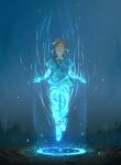  1boy bangs blue_background blue_theme blue_tunic boots brown_hair closed_eyes facing_up facing_viewer floating light_particles light_trail link magic_circle male_focus outstretched_hand pants parted_lips short_sleeves sidelocks solo strap the_legend_of_zelda the_legend_of_zelda:_breath_of_the_wild weronika_mieczkowska 