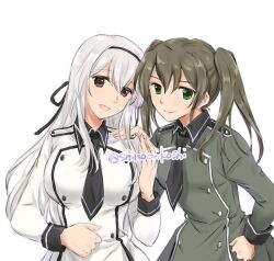  2girls alternate_costume black_hairband black_necktie boots brown_eyes coat commentary_request dated grey_coat grey_eyes grey_hair hairband kantai_collection long_hair multiple_girls necktie orikoshi_shino shoukaku_(kancolle) simple_background translation_request twitter_username upper_body white_background white_coat white_hair zuikaku_(kancolle) 