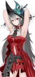  1girl absurdres arknights armpits arms_up bangs black_sash blue_headwear breasts clothing_cutout commentary_request cowboy_shot dress hair_between_eyes highres long_hair looking_at_viewer medium_breasts navel navel_cutout red_dress red_eyes sash silver_hair simple_background skadi_(arknights) skadi_the_corrupting_heart_(arknights) sleeveless sleeveless_dress solo sora_mame_(princess_0sora) standing very_long_hair white_background 