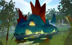  commentary day fangs fangs_out feraligatr looking_at_viewer matwvv no_humans outdoors partially_submerged pokemon pokemon_(creature) sky solo water wetland yellow_eyes 