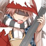  1boy argyle argyle_coat bangs black_blindfold black_scarf black_vest blindfold blue_scarf coat commentary_request guitar hat heart heart_in_mouth holding holding_instrument instrument minstrel_(ragnarok_online) mouth_hold music natsuya_(kuttuki) open_mouth pink_hair playing_instrument plume polka_dot polka_dot_scarf ragnarok_online red_coat red_headwear red_scarf scarf shirt short_hair simple_background smile solo striped striped_scarf upper_body vest white_background white_scarf white_shirt 