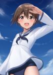  1girl blue_sailor_collar blue_sky blue_swimsuit brown_eyes brown_hair clouds day hair_between_eyes highres long_sleeves looking_at_viewer miyafuji_yoshika one-piece_swimsuit open_mouth sailor_collar school_swimsuit short_hair sky solo strike_witches swimsuit swimsuit_under_clothes thighs world_witches_series ym_(distance819) 