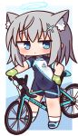  1girl animal_ear_fluff animal_ears bangs bicycle biker_clothes bikesuit blue_archive blue_background blue_eyes blue_footwear blush bodysuit cat_ears chibi closed_mouth clothes_writing covered_navel eyebrows_visible_through_hair full_body gloves green_gloves grey_hair groin ground_vehicle hair_ornament halo hana_kazari hand_on_hip highres long_hair looking_at_viewer shiroko_(blue_archive) shoes short_sleeves socks solo standing sweat white_legwear 
