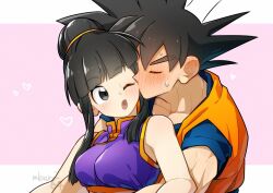  1boy 1girl black_eyes black_hair blunt_bangs blunt_sidelocks blush border chi-chi_(dragon_ball) china_dress chinese_clothes closed_eyes commentary_request couple dated_commentary dougi dragon_ball dragon_ball_z dress full-face_blush gamubanku hair_bun heart hetero hug hug_from_behind husband_and_wife kiss kissing_cheek looking_at_another looking_back muscular muscular_male one_eye_closed open_mouth short_hair son_goku spiky_hair sweatdrop twitter_username upper_body white_border 