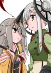  2girls double_bun green_eyes grey_hair hair_ornament highres holding holding_weapon horns japanese_clothes kagura_san kureha_yuna looking_at_another magia_record:_mahou_shoujo_madoka_magica_gaiden magical_girl mahou_shoujo_madoka_magica multiple_girls qururu simple_background single_horn weapon wide_sleeves yellow_eyes 