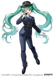  1girl aqua_eyes aqua_hair black_footwear blue_jacket blue_necktie blue_pants blush_stickers buttons collared_shirt commentary_request copyright_notice formal full_body gloves hair_between_eyes happy hat hatsune_miku jacket logo long_hair long_sleeves looking_at_viewer necktie nishizawa official_art open_mouth pants shirt simple_background standing striped_necktie train_conductor twintails very_long_hair vocaloid white_background white_gloves 