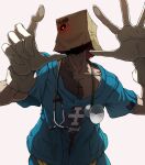 1boy absurdres against_fourth_wall bag bag_over_head blue_shirt cleanerjay collarbone commentary doctor faust_(guilty_gear) gloves glowing glowing_eye guilty_gear guilty_gear_strive highres looking_at_viewer male_focus paper_bag red_eyes shirt short_sleeves simple_background solo stethoscope stitches upper_body white_background white_gloves 