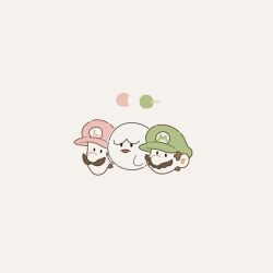  3boys boo_(mario) brown_hair disembodied_hand facial_hair green_hat hat highres luigi male_focus mario mimimi_(mimimim9999) multiple_boys mustache pink_hat shirt short_hair simple_background super_mario_bros. white_background 