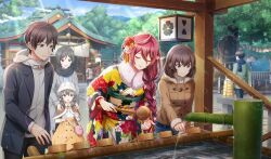  black_hair black_jacket black_pants black_scarf blue_pants braid braided_ponytail brown_coat brown_hair cinderella_series closed_eyes closed_mouth coat film_grain floral_print_kimono flower game_cg hachigatsu_no_cinderella_nine hair_between_eyes hair_flower hair_ornament highres hishaku holding holding_ladle honjo_chikage jacket knit_hat ladle lens_flare light_particles long_hair long_sleeves non-web_source obi official_alternate_hairstyle official_art outdoors pants rope sash scarf shimenawa short_hair shrine side_ponytail solo_focus temizu temizuya tree u_u very_long_hair violet_eyes washing_hands water wavy_hair 