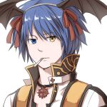  1boy arch_bishop_(ragnarok_online) bangs black_coat black_wings blue_eyes blue_hair cigarette closed_mouth coat commentary_request demon_wings expressionless eyebrows_visible_through_hair fake_wings grey_hairband hair_ribbon hairband head_wings heterochromia jacket jewelry looking_at_viewer natsuya_(kuttuki) necklace ragnarok_online red_ribbon ribbon short_hair simple_background solo upper_body white_background white_jacket wings yellow_eyes 