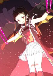  1girl absurdres black_hair chain daifuku_(suxw8452) doppel_(madoka_magica) dragon_wings empty_eyes fire flame_print gloves hair_ornament highres magia_record:_mahou_shoujo_madoka_magica_gaiden magical_girl mahou_shoujo_madoka_magica miniskirt multicolored_hair ouba_juri outstretched_arms red_eyes redhead skirt sleeveless smile solo wings 