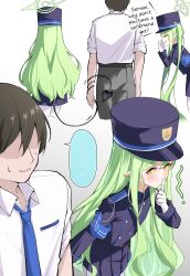  ... 1boy 2girls absurdres armband black_hat black_jacket black_skirt black_tail blue_archive blue_armband blue_necktie buttons closed_mouth clov_er double-breasted english_text faceless faceless_male finger_to_mouth gloves green_hair green_halo halo hat highres hikari_(blue_archive) jacket long_hair long_sleeves looking_at_another multiple_girls necktie nozomi_(blue_archive) open_mouth pointy_ears sensei_(blue_archive) shirt shushing sidelocks skirt smile speech_bubble spoken_ellipsis tail tail_around_arm twintails white_gloves white_shirt yellow_eyes 