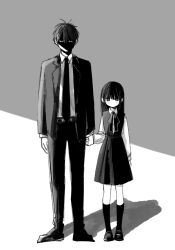  1boy 1girl bright_pupils closed_mouth collared_shirt dress formal full_body greyscale hair_between_eyes highres holding_hands jacket kneehighs long_hair long_sleeves looking_at_viewer monochrome necktie original pants pinafore_dress shaded_face shirt shoes short_hair sleeveless sleeveless_dress socks standing suit suit_jacket wanoumi white_pupils 