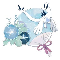  animal_focus black_eyes blue_flower closed_mouth flower full_body hand_fan leaf lugia morning_glory pokemon pokemon_(creature) ripples satsumapotato simple_background solo white_background 