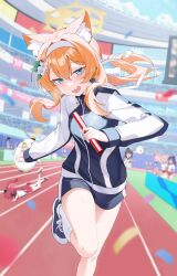 6+girls absurdres animal_ear_fluff animal_ears black_jacket blue_archive blue_shorts blush cat_ears character_request confetti embarrassed flower gym_uniform hair_flower hair_ornament hairband halo hifumi_(blue_archive) highres holding_relay_baton jacket junko_(blue_archive) long_hair long_sleeves mari_(blue_archive) mari_(track)_(blue_archive) multicolored_clothes multicolored_jacket multiple_girls official_alternate_costume orange_hair outdoors peroro_(blue_archive) ponytail relay_baton running running_towards_viewer running_track shoes shorts sneakers socks solo_focus stadium sweat tamago_(eva1314056) track_jacket two-tone_jacket ui_(blue_archive) ui_(swimsuit)_(blue_archive) very_sweaty wavy_mouth white_hairband white_socks yuuka_(blue_archive) 