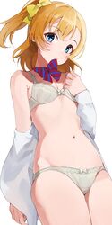  1girl bangs blue_eyes bow bow_bra bow_panties bra breasts hair_bow highres hiroki_(yyqw7151) kousaka_honoka love_live! love_live!_school_idol_project mouth_hold navel one_side_up orange_hair panties simple_background small_breasts solo striped striped_bow underwear white_background white_bra white_panties yellow_bow 