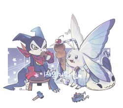  bandana bandana_around_neck butterfly_wings colored_skin digimon digimon_(creature) fewer_digits food green_eyes holding holding_food ice_cream_cone impmon insect_wings morphomon purple_skin q_o_o_p_x red_bandana sitting white_background white_skin wings 