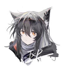  1girl animal_ear_fluff animal_ear_piercing animal_ears arknights black_hair chinese_commentary closed_mouth commentary_request cropped_shoulders fish_(sakana135026) hair_between_eyes highres long_hair looking_at_viewer orange_eyes portrait signature simple_background solo texas_(arknights) white_background wolf_ears wolf_girl 