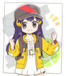  1girl bangs baseball_cap bebe_0620 black_hair blush_stickers buttons clenched_hands closed_mouth collarbone commentary_request dress eyelashes grey_eyes hair_ornament hairclip hands_up hat hikari_(pokemon) jacket long_hair looking_at_viewer notice_lines open_clothes open_jacket pokemon pokemon_(game) pokemon_bdsp sidelocks smile solo split_mouth white_dress yellow_jacket zipper_pull_tab 