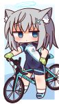  1girl animal_ear_fluff animal_ears bangs bicycle biker_clothes bikesuit blue_archive blue_background blue_eyes blue_footwear blush bodysuit cat_ears chibi clothes_writing covered_navel empty_eyes eyebrows_visible_through_hair full_body gloves green_gloves grey_hair groin ground_vehicle hair_ornament halo hana_kazari hand_on_hip highres long_hair looking_at_viewer shaded_face shiroko_(blue_archive) shoes short_sleeves socks solo standing sweat white_legwear 