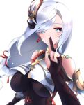  1girl absurdres bare_shoulders blue_eyes bodysuit braid breasts genshin_impact green_eyes hair_over_one_eye half-closed_eyes highres large_breasts long_hair shenhe_(genshin_impact) tetori_(tetolisto) upper_body white_hair 