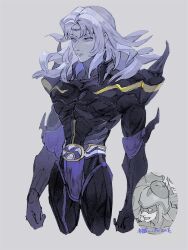  1boy armor black_armor blue_eyes cecil_harvey circlet closed_mouth dene_tri dragoon earrings expressionless final_fantasy final_fantasy_iv grey_background highres jewelry long_hair male_focus spiked_pauldrons standing toned toned_male white_hair 