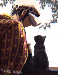  1boy artist_name black_cat black_hair black_kimono branch cat chromatic_aberration closed_mouth commentary earrings facial_hair from_behind fur_hat goatee grey_eyes haori hat highres japanese_clothes jewelry kimono koma_heron long_sleeves looking_at_animal looking_down looking_to_the_side male_focus one_piece profile short_hair sideburns simple_background smile solo symbol-only_commentary trafalgar_law twitter_username white_background white_hat 