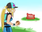  artist_name backpack bag blonde_hair blue_eyes bracelet crossover ditto grass hat high_ponytail jewelry long_hair metroid nintendo parody poke_ball pokemon pokemon_(game) pokemon_battle pokemon_rgby ponytail samus_aran stup-jam x_parasite 