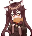  1girl ahoge animal_ears blush brown_hair cat_ears cat_tail child chinese_clothes fish fish_in_mouth food food_in_mouth genshin_impact hu_tao_(genshin_impact) long_sleeves looking_at_viewer miyako_draw red_eyes simple_background symbol-shaped_pupils tail taiyaki twintails wagashi white_background wide_sleeves 