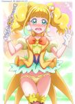  1girl arm_scrunchie bangs blonde_hair blunt_bangs blush bow bow_panties bowtie choker collarbone cowboy_shot cure_sparkle earrings embarrassed eyebrows_visible_through_hair gloves green_eyes hair_cones hanzou healin&#039;_good_precure highres holding jewelry long_hair looking_at_viewer lowleg lowleg_panties open_mouth orange_bow orange_bowtie panties precure shiny shiny_hair side-tie_panties solo standing thigh_gap twintails underwear wavy_mouth white_gloves yellow_choker yellow_panties 