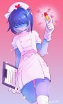  1girl bangs blue_hair blue_skin clipboard closed_mouth colored_skin commentary_request deltarune dress gloves hair_over_eyes hat heart highres holding holding_clipboard kris_(deltarune) nurse nurse_cap pill senjochi_janai shaded_face short_hair short_sleeves simple_background sparkle thigh-highs white_dress white_gloves white_headwear white_legwear 