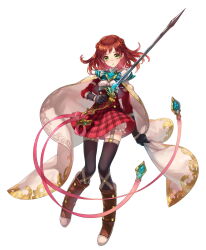  1girl :o ascalon_(phantom_of_the_kill) black_gloves black_socks bloomers boots braid brown_footwear cloak da-kuro full_body garter_straps gloves green_eyes highres holding holding_sword holding_weapon looking_at_viewer medium_hair official_art phantom_of_the_kill plaid_clothes red_skirt redhead simple_background skirt socks solo straight-on sword thigh-highs weapon white_background white_cloak 