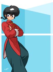  1boy black_hair black_pants blue_eyes braid closed_mouth crossed_arms highres leaning_back long_sleeves looking_at_viewer male_focus pants ranma_1/2 red_shirt saotome_ranma shirt short_hair signature single_braid solo wanta_(futoshi) 