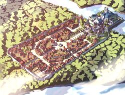  artist_request castle city clouds day forest fountain from_above highres house in-universe_location nature no_humans official_art outdoors ragnarok_online river scenery tree 