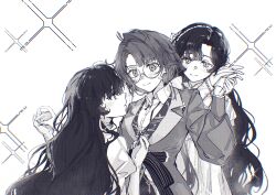  3girls absurdres aged_down collared_shirt couple dress eye_contact eyewear_strap face-to-face glasses gloves greyscale hands_up highres holding_hands isolde_(reverse:1999) jacket juliet_sleeves kakania_(reverse:1999) long_hair long_sleeves looking_at_another low_ponytail monochrome multiple_girls muonrei00 neck_ribbon profile puffy_long_sleeves puffy_sleeves reverse:1999 ribbon round_eyewear shirt smile sparkle sweat time_paradox untied_ribbon untying very_long_hair yuri 