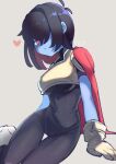 1girl antenna_hair armor bangs black_bodysuit black_hair blue_skin blush bodysuit boots breasts cape closed_mouth colored_skin commentary_request covered_navel deltarune genderswap genderswap_(mtf) gloves grey_background hair_over_one_eye heart highres kris_(deltarune) looking_at_viewer medium_breasts red_cape red_eyes senjochi_janai short_hair simple_background sitting solo sweat twitter_username underboob white_footwear