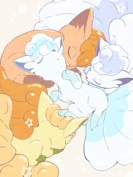  alolan_vulpix alternate_color animal animal_focus blonde_hair blue_hair closed_eyes highres lying multicolored_hair murase_(muraselelait) no_humans on_side orange_hair pokemon pokemon_(creature) purple_hair shiny_pokemon sleeping two-tone_hair vulpix white_hair 