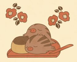  animal_focus check_food closed_eyes flower food food_request full_body no_humans nostrils plum_blossoms pokemon pokemon_(creature) pudding red_flower satsumapotato simple_background swinub tray 