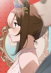  1boy 1girl animal_ears bare_shoulders blurry blush brown_eyes brown_hair clover_hair_ornament commentary depth_of_field fine_motion_(umamusume) from_side hair_between_eyes hair_ornament highres horse_ears horse_girl indoors lace-trimmed_collar lace_trim light_smile long_hair looking_ahead mirror profile sidelocks solo_focus sumiredoljo symbol-only_commentary tiara umamusume white_veil 