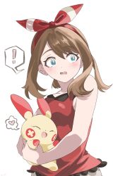  ! 1girl blue_eyes bow brown_hair commentary_request hair_bow heart highres holding holding_pokemon may_(pokemon) o_o307 open_mouth plusle pokemon pokemon_(creature) pokemon_oras red_bow red_shirt shirt simple_background sleeveless sleeveless_shirt speech_bubble spoken_exclamation_mark spoken_heart surprised teeth upper_body white_background 