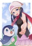  1girl :d bare_arms beanie clouds commentary_request day eyelashes grey_eyes hair_ornament hairclip hat highres hikari_(pokemon) homake looking_at_viewer open_mouth outdoors pink_skirt piplup pokemon pokemon_(creature) pokemon_(game) pokemon_dppt red_scarf scarf shirt skirt sky sleeveless sleeveless_shirt smile teeth tongue upper_teeth white_headwear 
