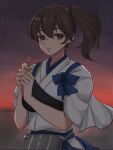  1girl bangs breasts brown_eyes brown_hair closed_mouth commentary_request evening flower hair_between_eyes highres holding holding_flower japanese_clothes kaga_(kancolle) kantai_collection looking_at_viewer muneate outdoors pink_flower rin_(rin_niji) side_ponytail sky solo star_(sky) tasuki upper_body 