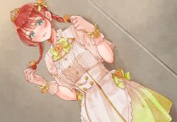  1girl against_wall blue_eyes blush braid breasts brown_hair closed_mouth commentary cowboy_shot dress dutch_angle emma_verde freckles gloves highres holding holding_own_hair large_breasts lips long_bangs long_hair love_live! love_live!_nijigasaki_high_school_idol_club low_twin_braids mikagami_suzuha see-through see-through_gloves short_sleeves smile solo symbol-only_commentary tiara twin_braids white_dress white_gloves 