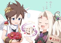  ... 1boy 1girl absurdres ahoge angel angel_wings blonde_hair blue_eyes brown_hair buchi_(y0u0ri_) closed_eyes flower hair_flower hair_ornament heart highres kid_icarus kid_icarus_uprising laurel_crown open_mouth pit_(kid_icarus) ponytail purple_flower sweat viridi wings 