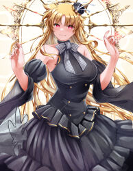  1girl black_dress blonde_hair closed_mouth commentary_request detached_sleeves dress fate_testarossa highres long_hair looking_at_viewer lyrical_nanoha mahou_shoujo_lyrical_nanoha_strikers red_eyes smile solo sougetsu_izuki very_long_hair 